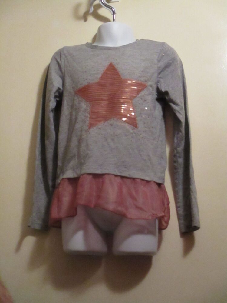 Primark Size 7-8 Years - Grey Long Sleeve Top with Heart Detail and Pink Trim