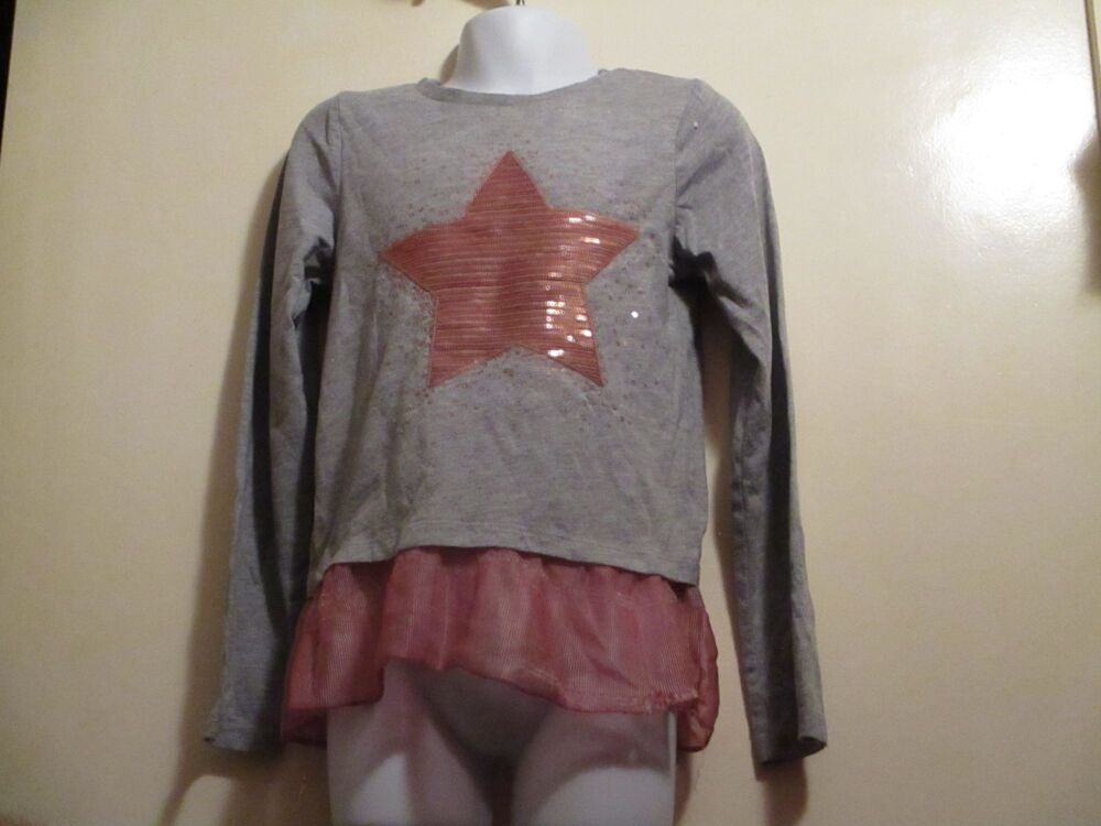 Primark Size 7-8 Years - Grey Long Sleeve Top with Heart Detail and Pink Trim