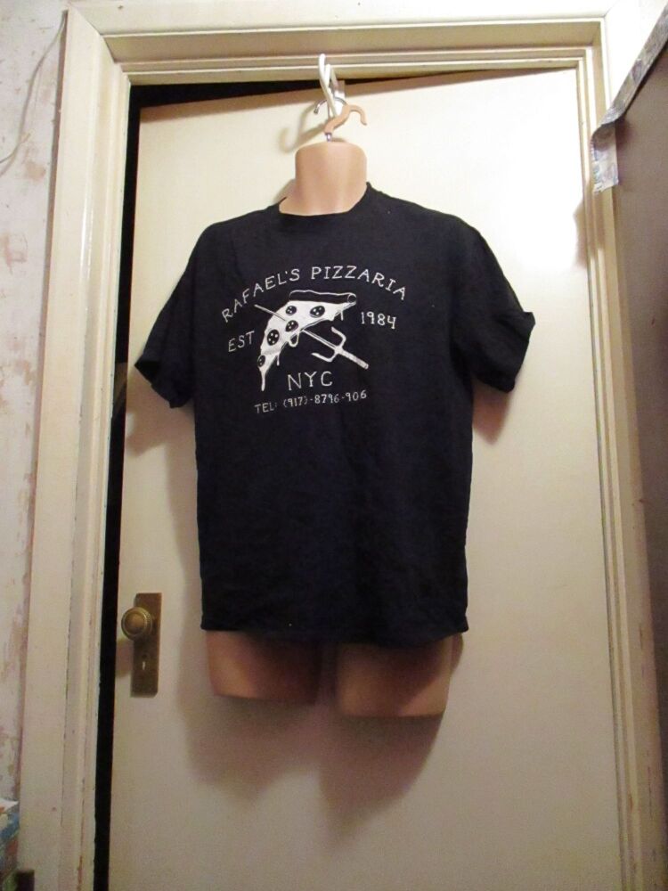 Black Gildan Size Large T-Shirt with "Rafaels Pizzaria" Design