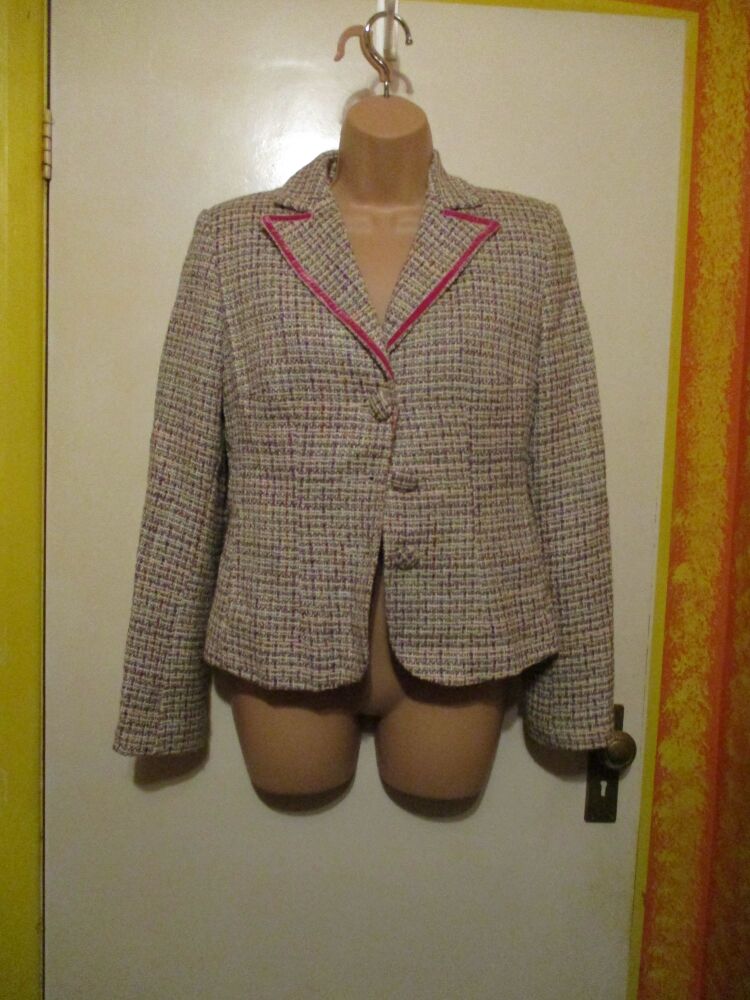 Per Una Size 10 Weaved Cream Pink Tweed with Pink Trim & Detail Suit Jacket