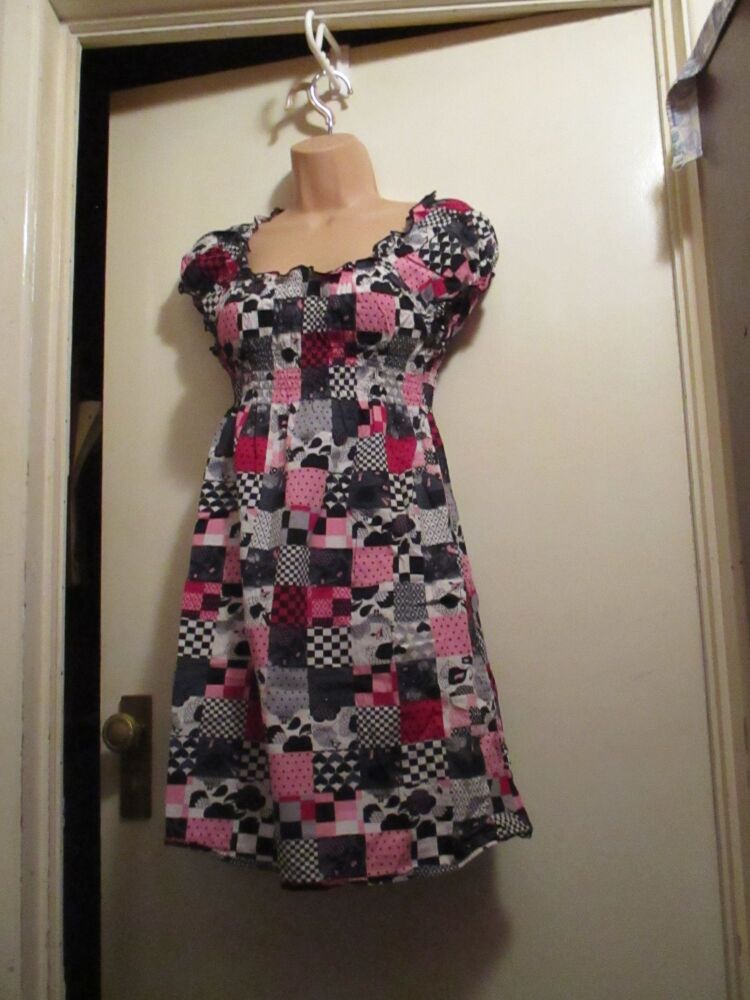 H&M Size 12/36 Pink Black White Chequered Patchwork Elasticated Dress