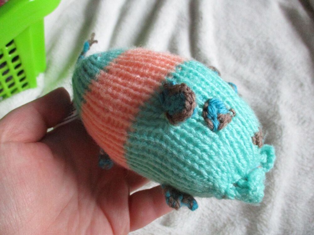 Baby Hamster -Peach and Mint Banded Body & Face - Brown / Blue Features -  Knitted Soft Toy