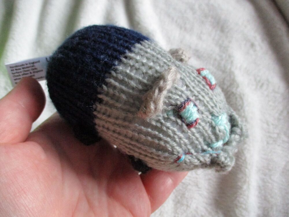 (*)Baby Hamster - Grey & Dark Blue Body & Face - Grey Mint Black Features -  Knitted Soft Toy[CMS23]