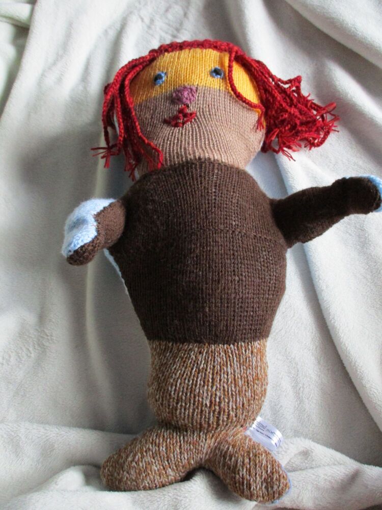 (*)Giant Blue Brown Yellow Mermaid with Embroidered Features and Red Crochet Hair
