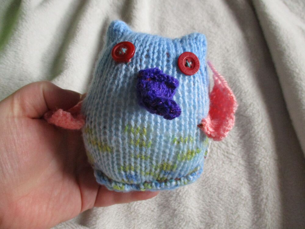 Blue Floral Baby Owl - Pink Wings - Purple Beak - Red Eyes