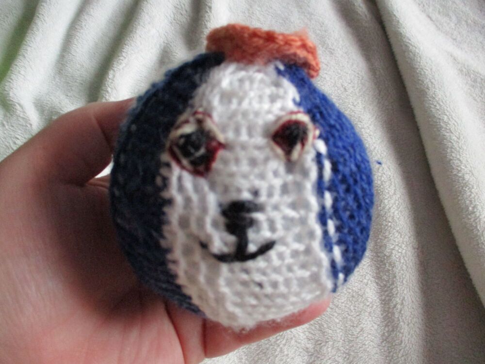 Blue & White Poppop Ball - Orange Crown - Black Features -  Knitted Soft Toy