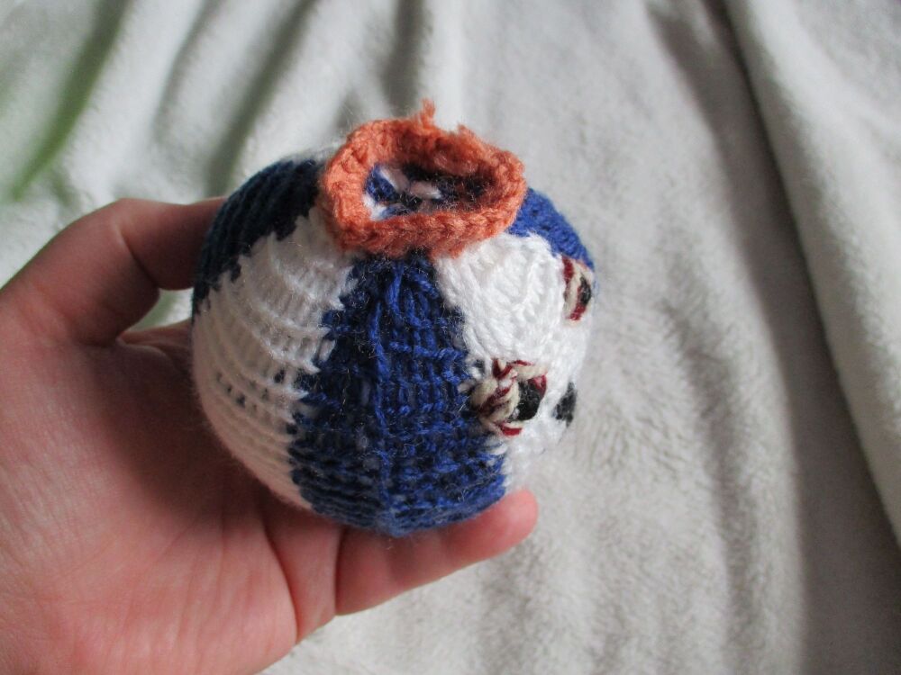 (*)Blue & White Poppop Ball - Orange Crown - Black Features -  Knitted Soft Toy