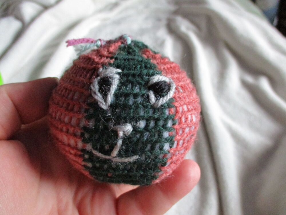(*)Sweet Brown and Dark Green Poppop Ball - Mint Purple Roots - Grey Black Features -  Knitted Soft Toy