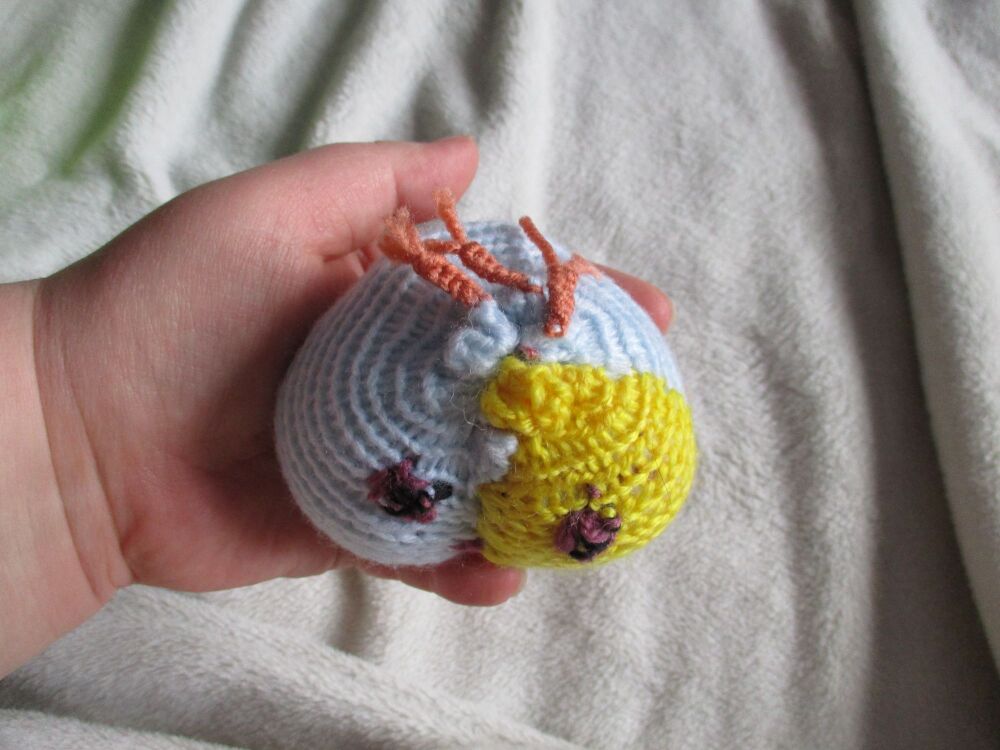 (*)Pale Blue & Yellow Poppop Ball - Orange Roots - Purple Black Features - Knitted Soft Toy