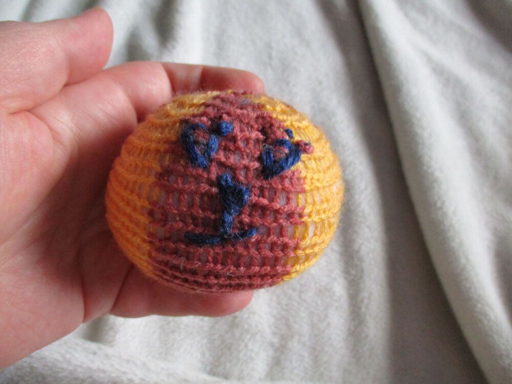 (*)Sweet Brown & Orange Poppop Ball - Dark Blue Features - Knitted Soft Toy