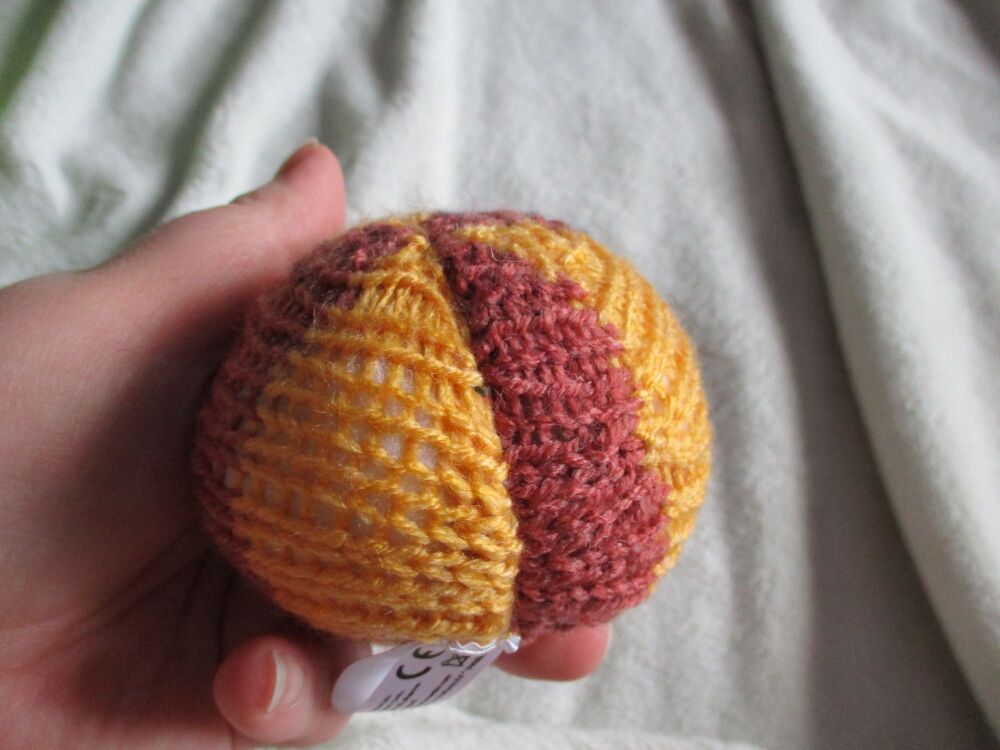 (*)Sweet Brown & Orange Poppop Ball - Dark Blue Features - Knitted Soft Toy
