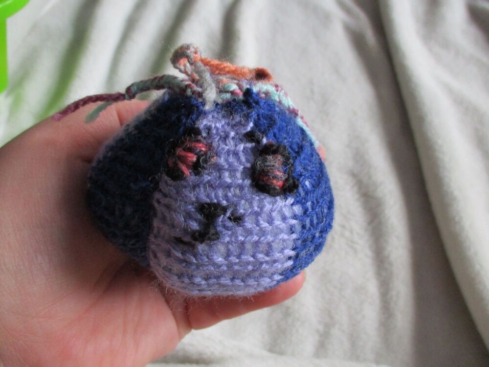 (*)Sweet Brown & Navy Blue Poppop Ball - Mint Orange Purple Grey Roots - Black Pink Features - Knitted Soft Toy