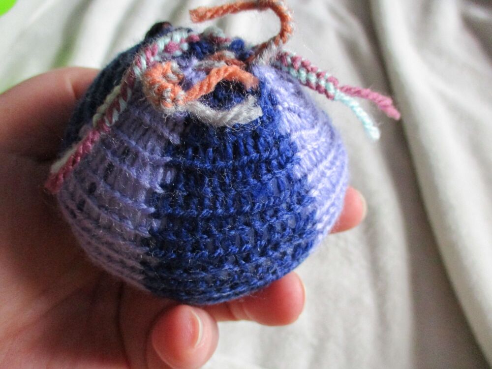 Sweet Brown & Navy Blue Poppop Ball - Mint Orange Purple Grey Roots - Black Pink Features - Knitted Soft Toy