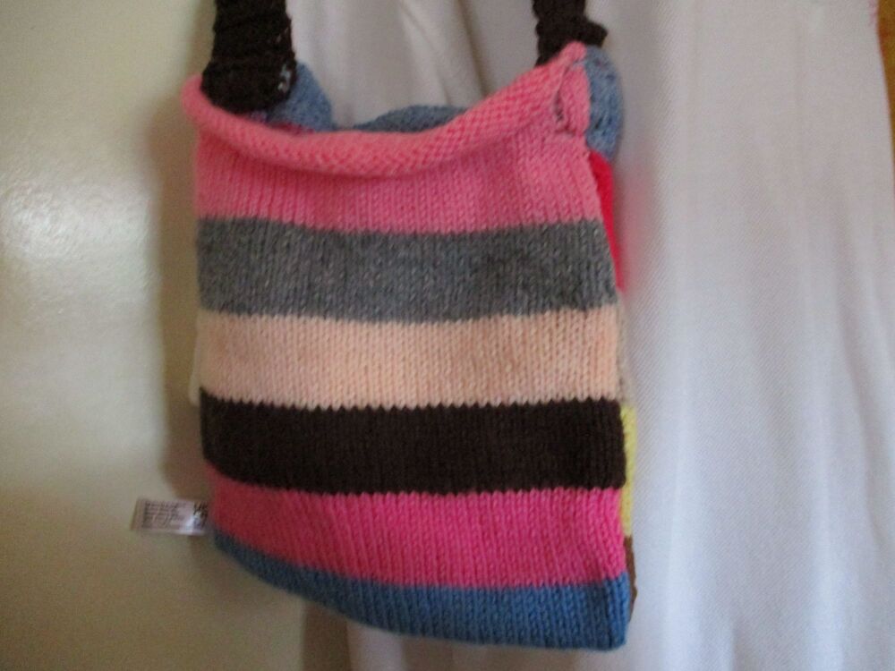 Slate Pinks Grey Blue Brown Banded Knitted Bag. Knitted By KittyMumma
