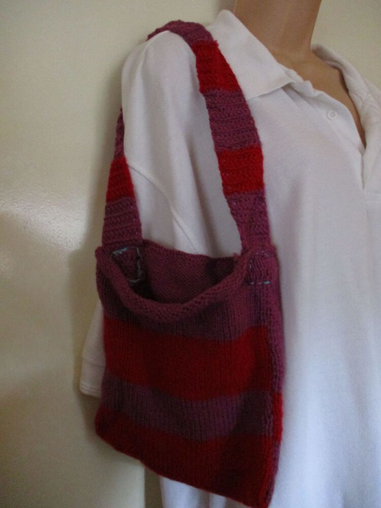 Purple Red Striped Knitted Shoulder Bag. Knitted By KittyMumma
