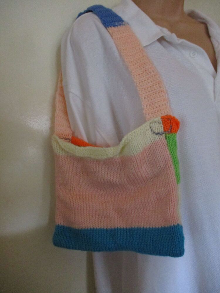 Blue, Peach, Lemon and Orange Knitted Bag. Knitted By KittyMumma