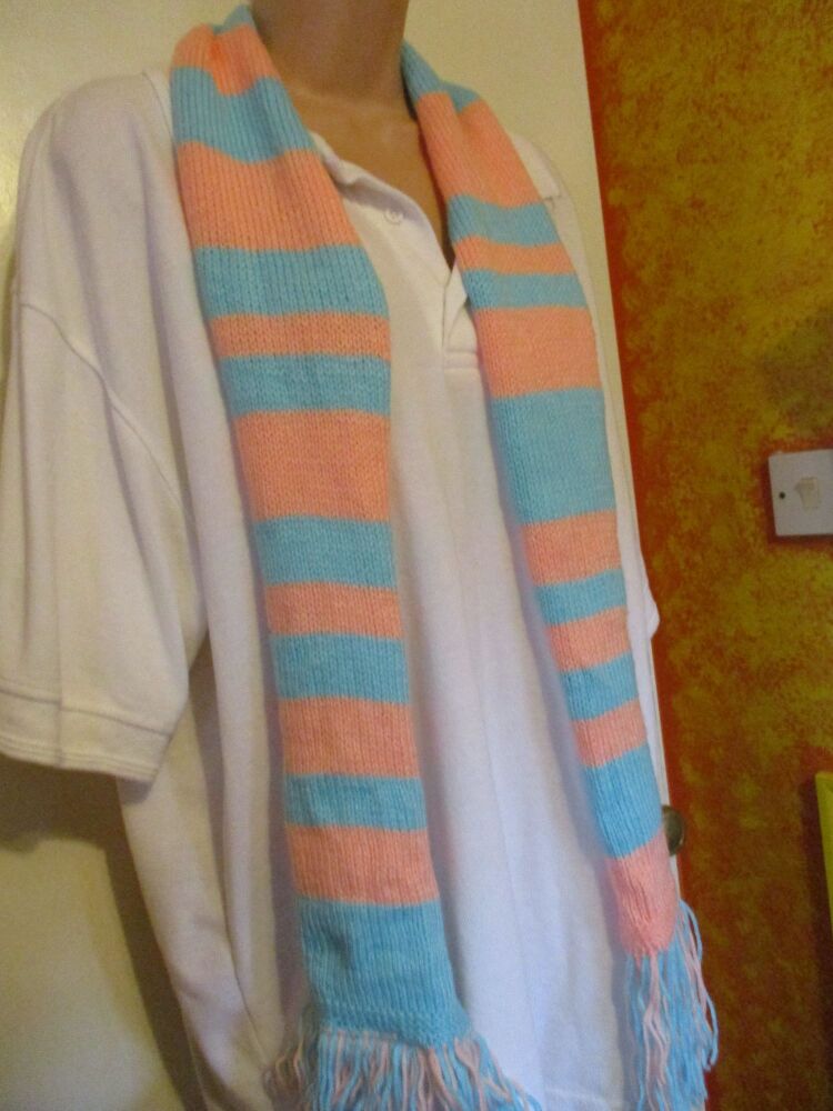 Blue and Peach banded 68.5" Scarf. Knitted By KittyMumma