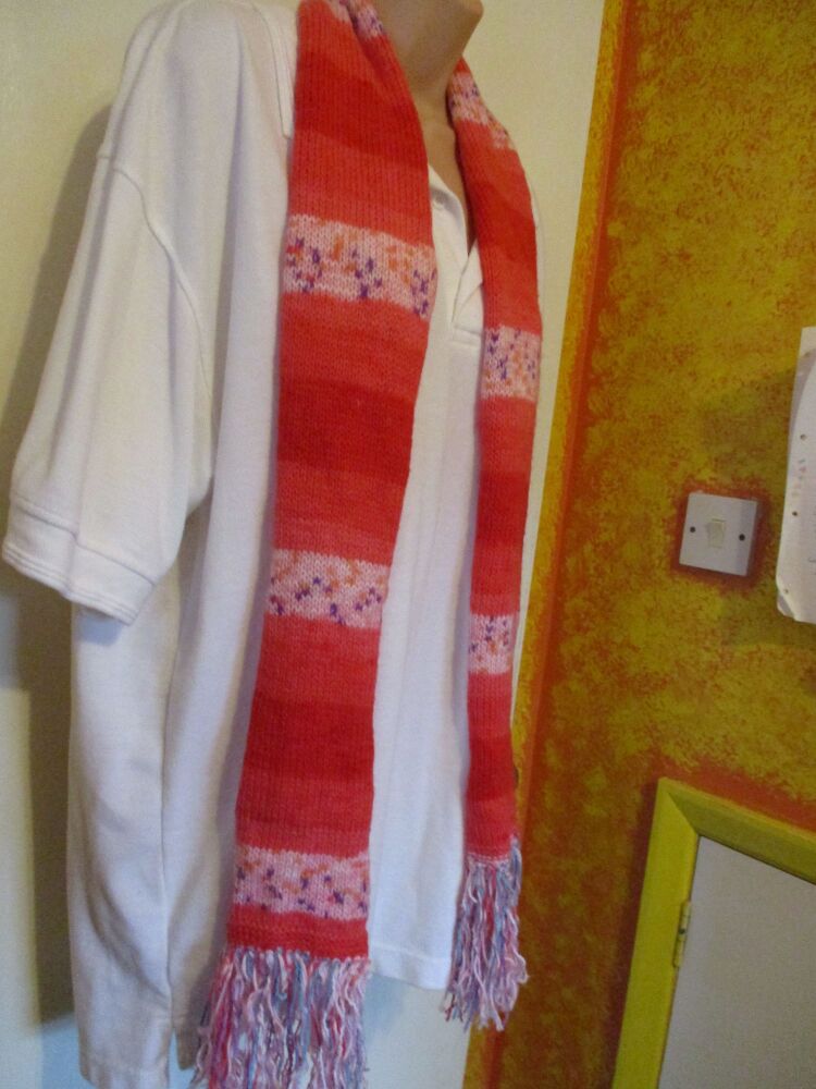 Red toned and floral pattern (White 1 End) 72" Scarf. Knitted By KittyMumma