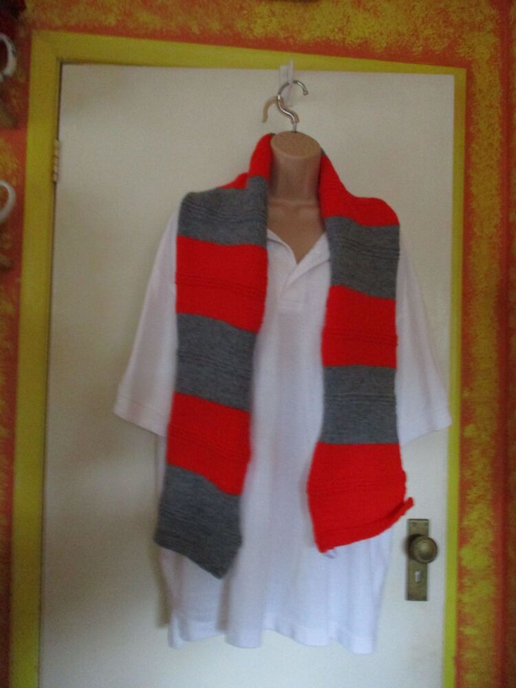 Chunky Red Grey (Alternate Ends) Banded 55" Scarf. Knitted By KittyMumma