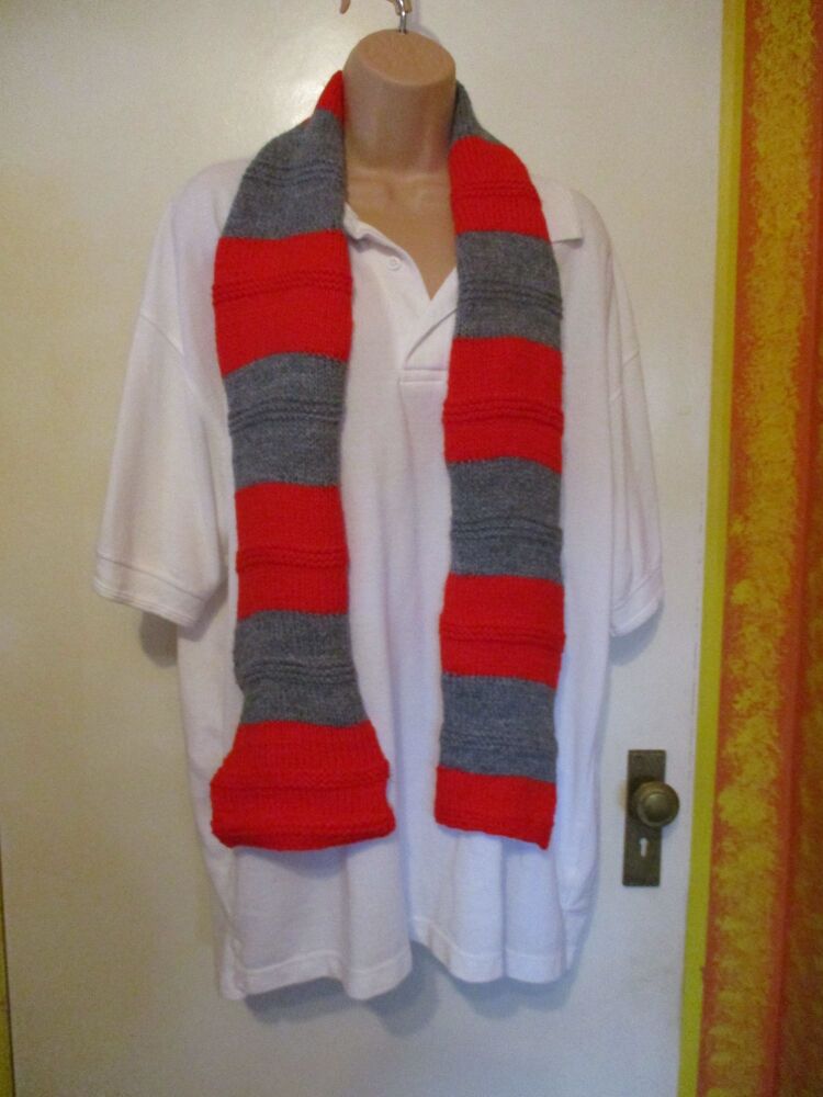 Chunky Red Grey (Slimmer) Banded 55" Scarf. Knitted By KittyMumma