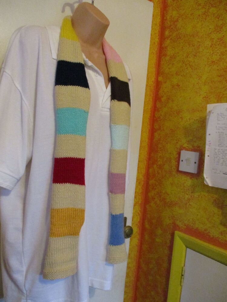 Dark Cream Banded with Multiple colours 56" Scarf. Knitted By KittyMumma