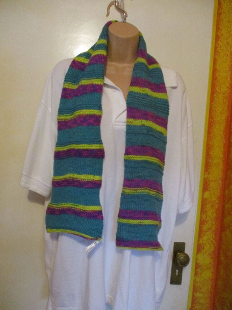 Green Purple Lime Magic Ribbed 48" Scarf. Knitted By KittyMumma