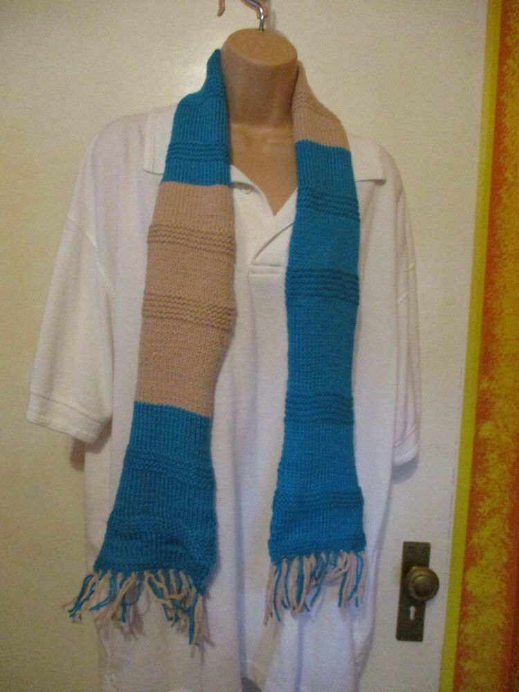 Teal Beige Banded with Fringe 50" Scarf. Knitted By KittyMumma