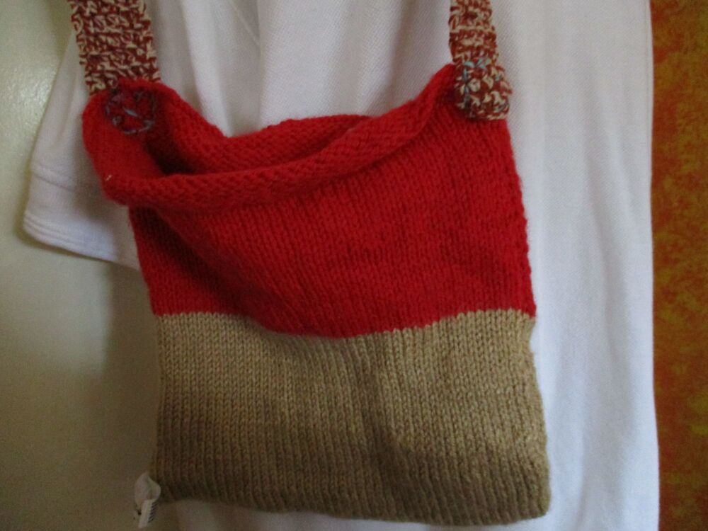 Pale Coffee Tomato Red with Mottled Strap Knitted Shoulder Bag. Knitted By KittyMumma