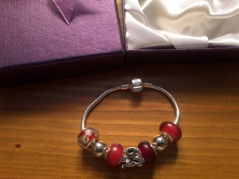 Stunning Reds with Dragon charm bracelet. Snake Chain with snap closure. Gift boxed.