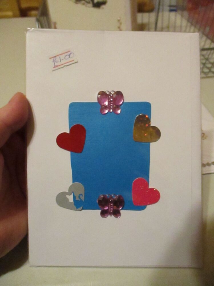 Hearts & Butterflies Blue Block Design White Card - [Blank]