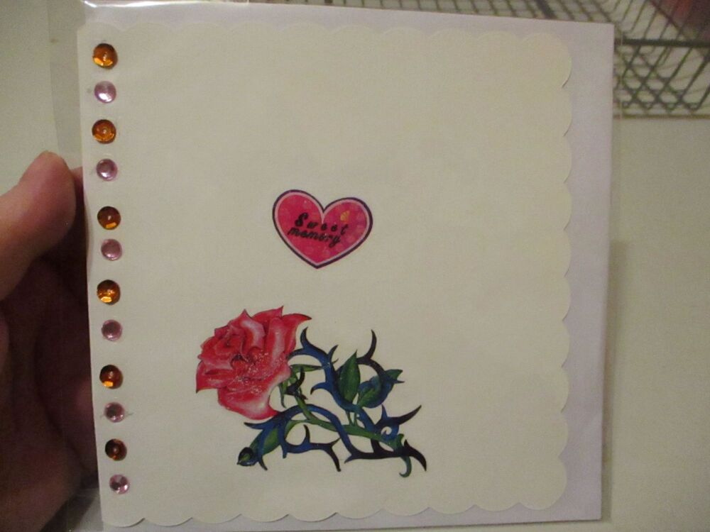 "Sweet Memory" Heart, Rose & Sequin Design - 15cm Scallop Edge Greetings Card [blank]