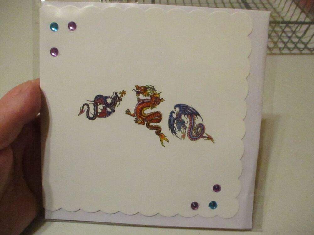Three Dragons & Sequin Design - 15cm Scallop Edge Greetings Card [blank]