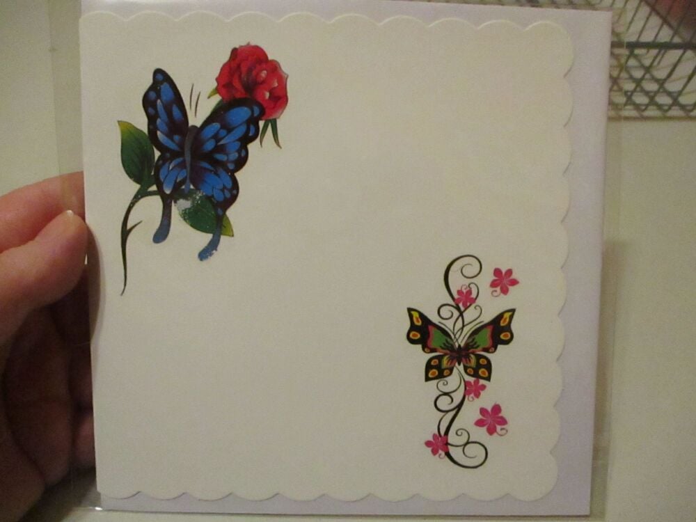 Butterflies, Rose & Floral Design - 15cm Scallop Edge Greetings Card [blank]