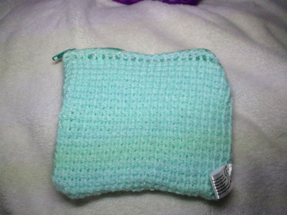 Mint Green Tunisian Crochet Yarn Zipped Pouch/Purse with Green Zip