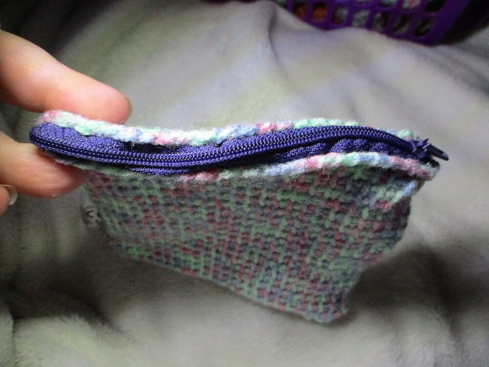 Mint Green & Purple Rainbow Tunisian Crochet Yarn Zipped Pouch/Purse with Purple Zip