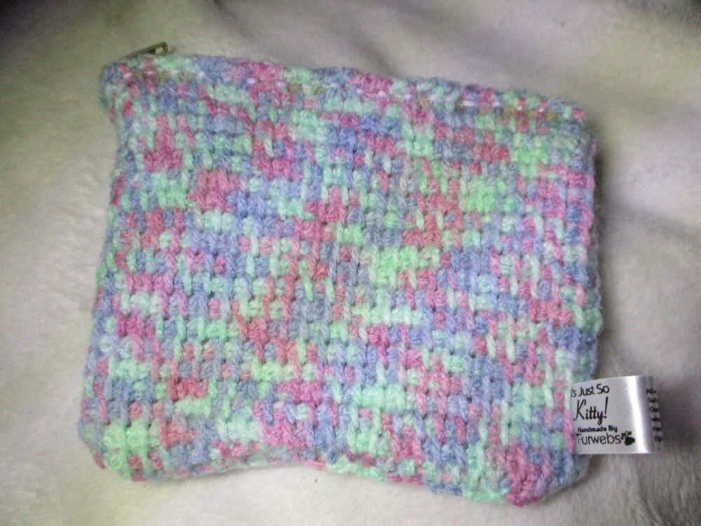 Mint Green & Purple Rainbow Tunisian Crochet Yarn Zipped Pouch/Purse with Beige Zip