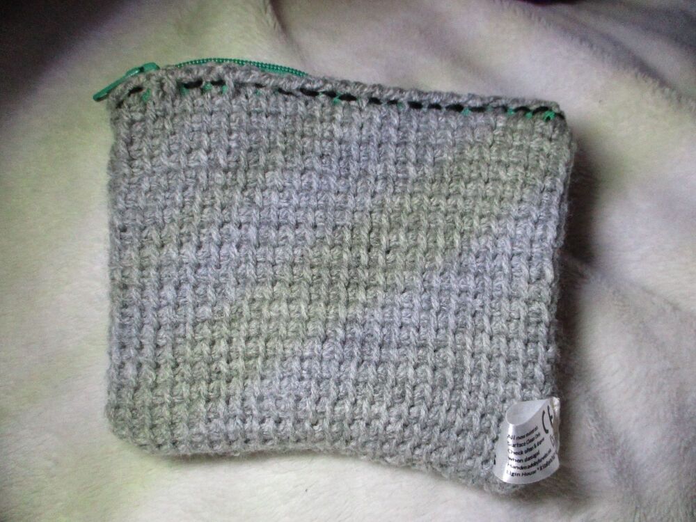 Grey Tunisian Crochet Yarn Zipped Pouch/Purse with Green Zip