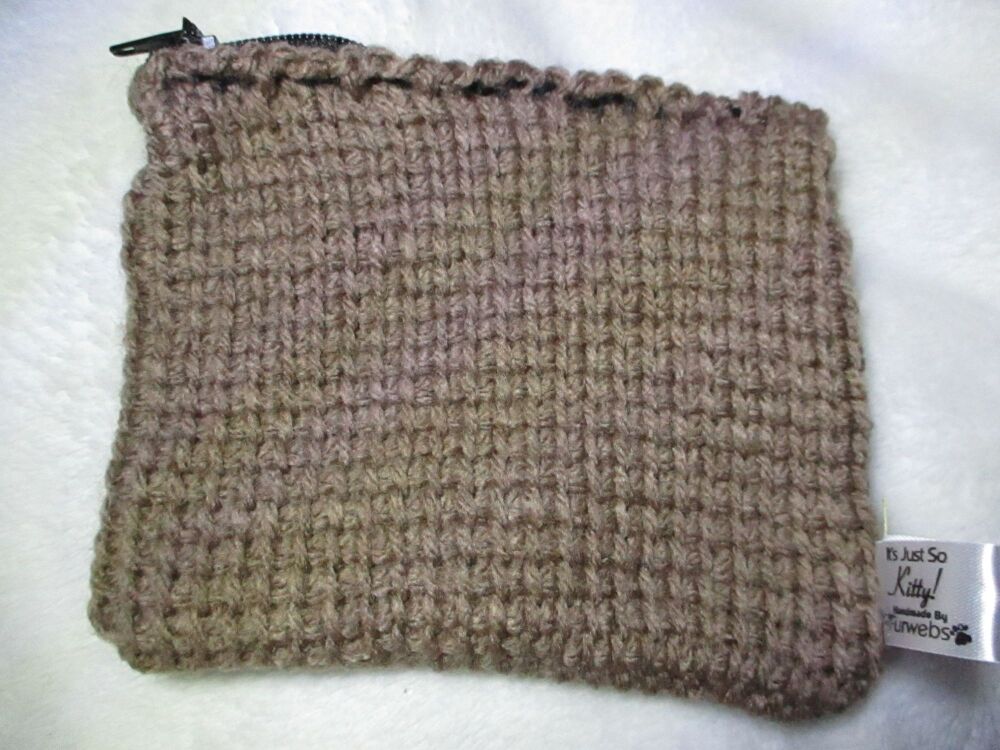 Brown Tunisian Crochet Yarn Zipped Pouch/Purse with Black Zip