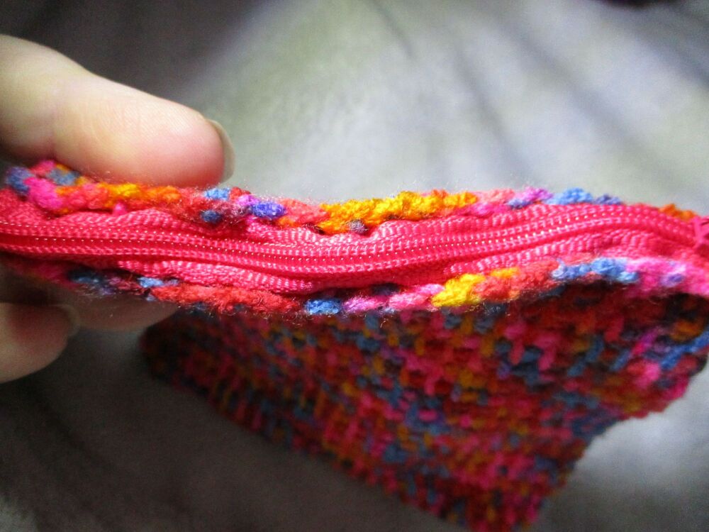 Bright Rainbow Tunisian Crochet Yarn Zipped Pouch/Purse with Strawberry Red Zip