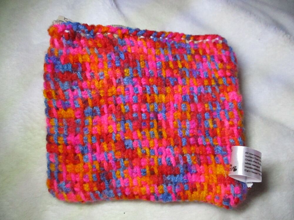 Bright Rainbow Tunisian Crochet Yarn Zipped Pouch/Purse with Beige Zip
