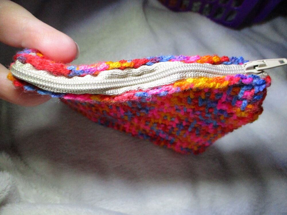 Bright Rainbow Tunisian Crochet Yarn Zipped Pouch/Purse with Beige Zip