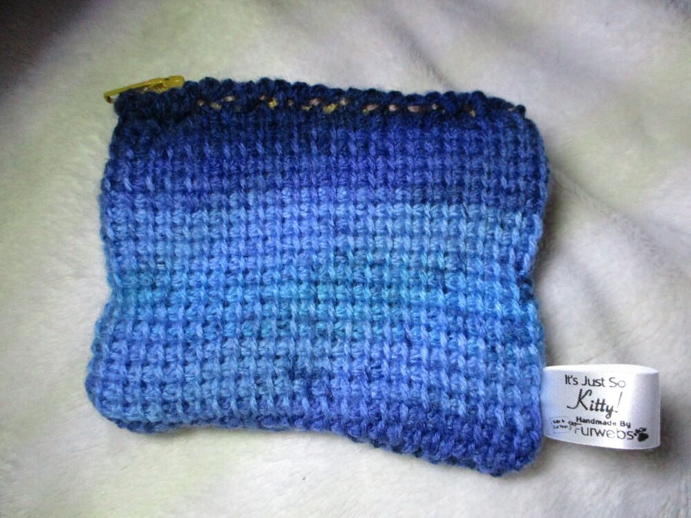 Blue Gradient Tunisian Crochet Yarn Zipped Pouch/Purse with Mustard Yellow Zip