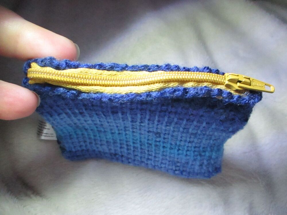 Blue Gradient Tunisian Crochet Yarn Zipped Pouch/Purse with Mustard Yellow Zip