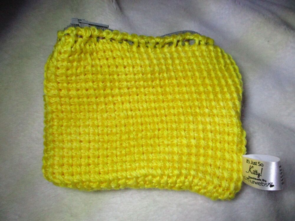 Yellow Tunisian Crochet Yarn Zipped Pouch/Purse with Grey Zip