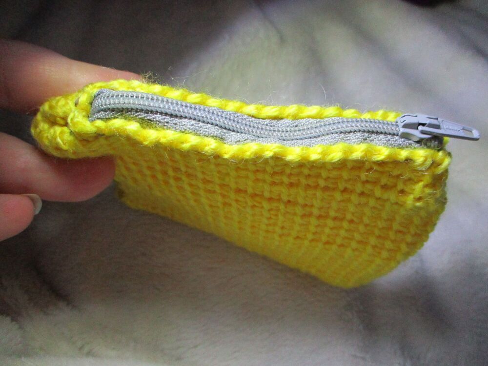 Yellow Tunisian Crochet Yarn Zipped Pouch/Purse with Grey Zip