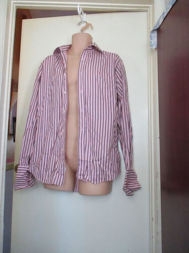 Next Pink & Brownish Grey Striped Size 16" Collar Long Sleeve Shirt