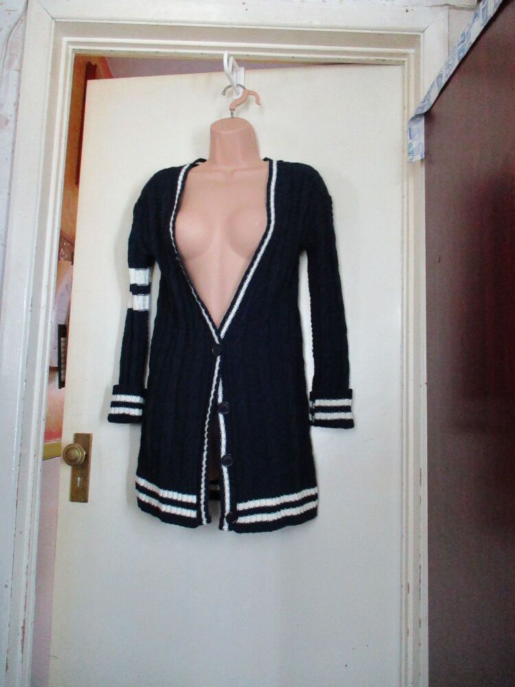 New Look Navy Blue & White Knitted Cardigan Over Jacket - Size 10