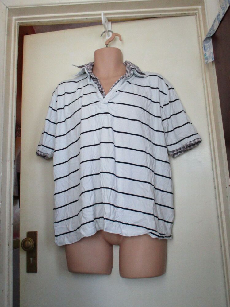 George White & Black Striped T-Shirt with Chequered Red Grey White Fake Inner Shirt - Size L