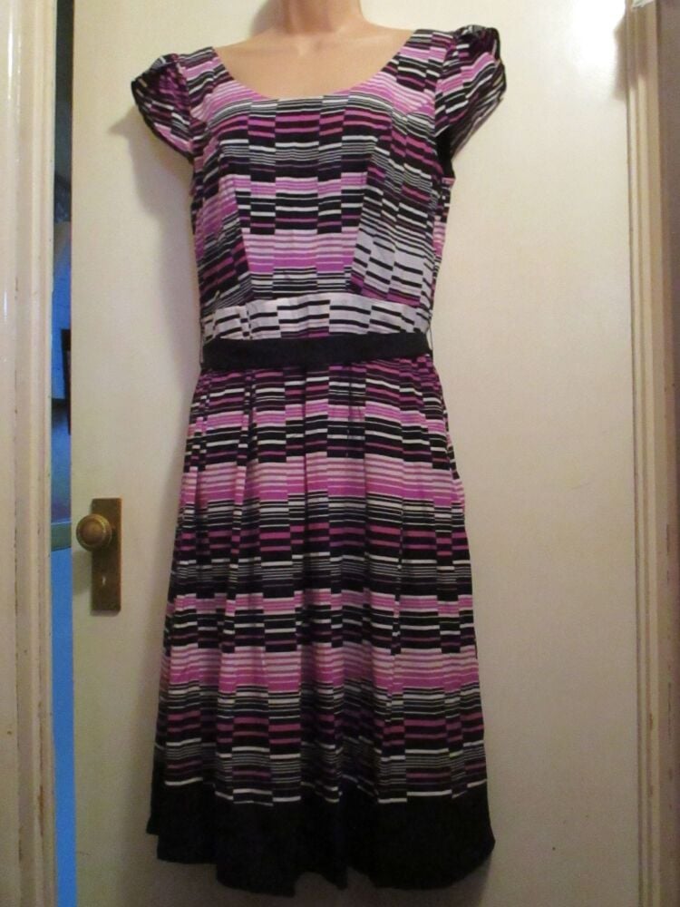 Per Una Pink Purple & Black Striped Summer Dress - Size 10