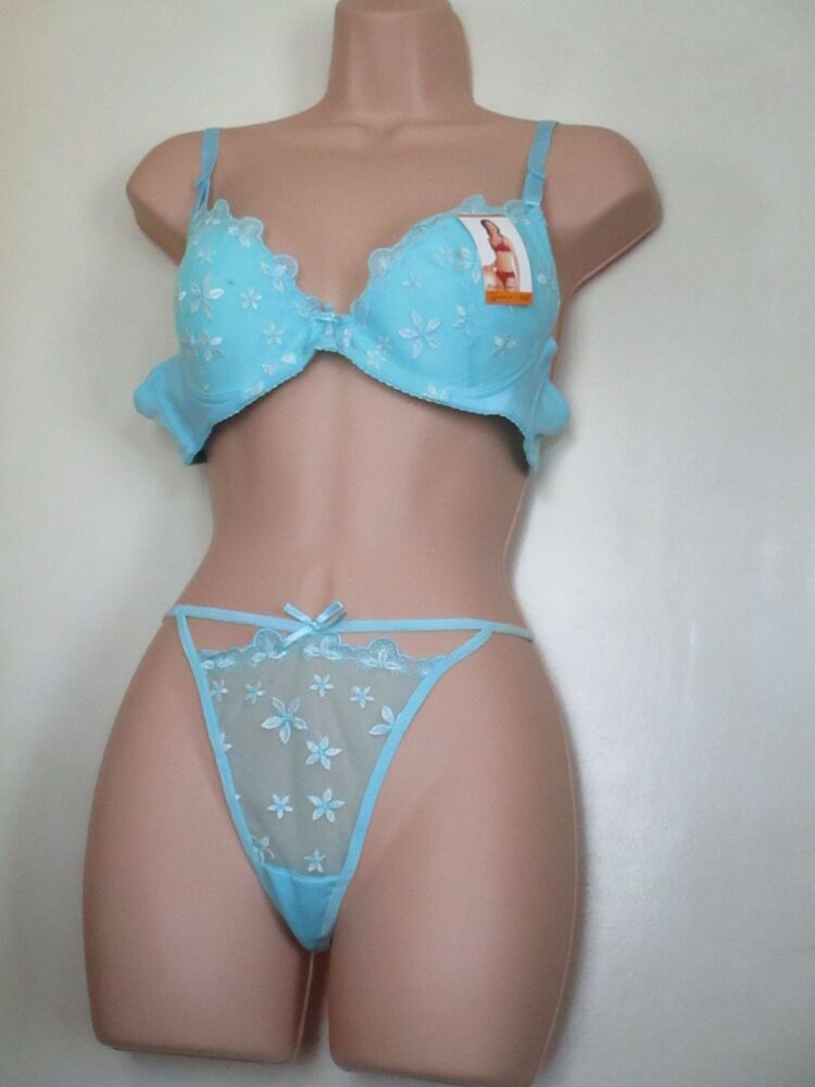 BNWT Xue Wan Mei Underwear - Blue Lacey Design Underwire Bra & Thong Set -  Size 40B/L - Slight Seconds and Stained
